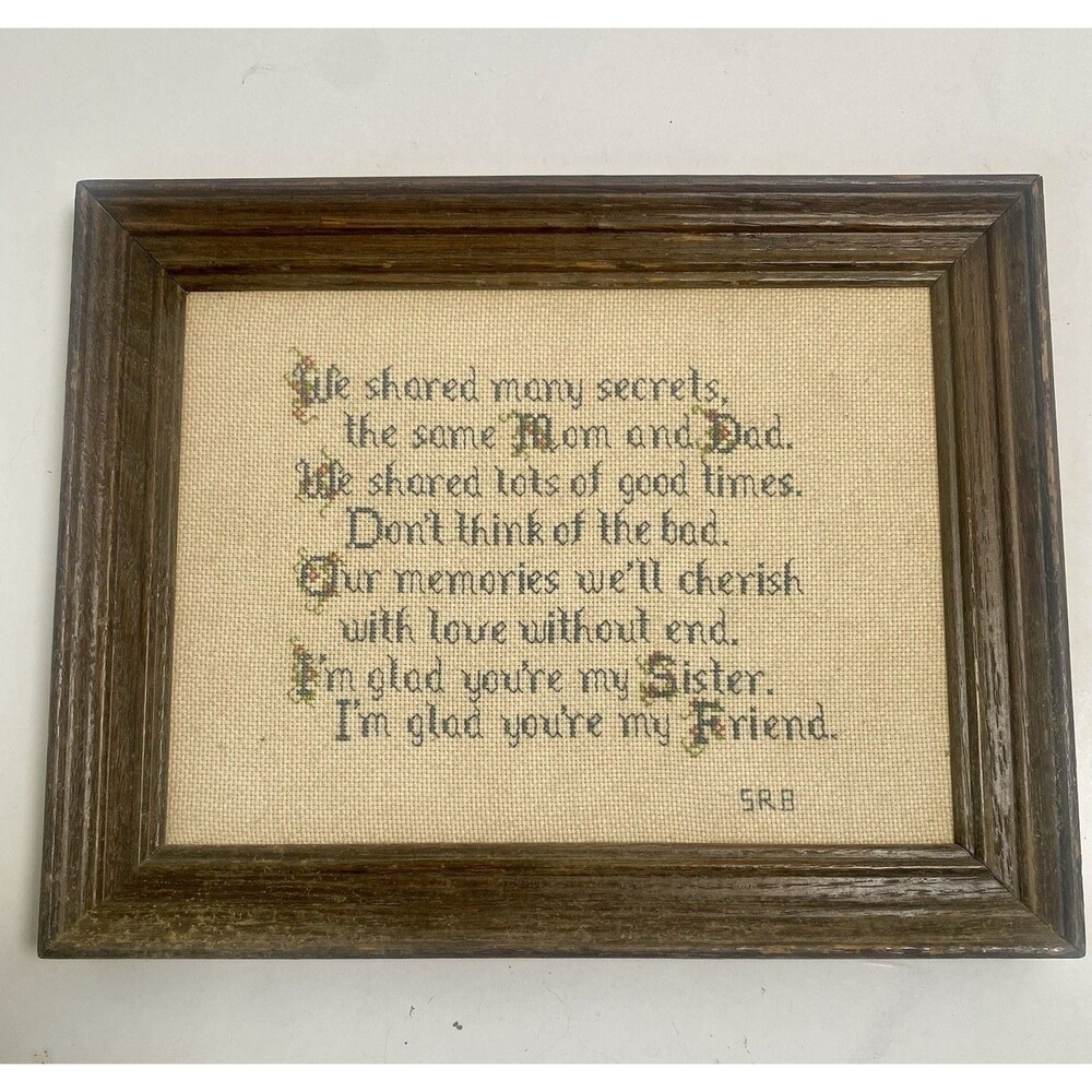 Vintage Framed Cross Stitch Sister Friends Folk Wall Art 9.5x7.5